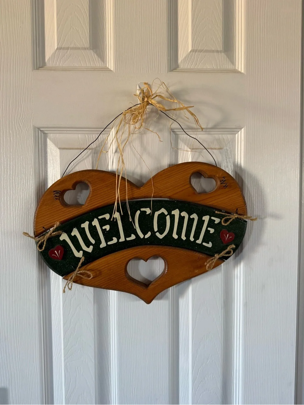 Welcome Heart Door Sign - Rustic Brown and Green Home Holiday Decor